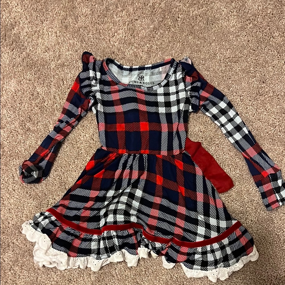 Red and Black Ruffled Fit and Flare Dress with Crew Neck